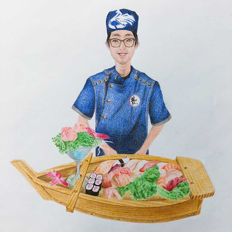 Colored pencil drawing of sushi chef Roy Feng
