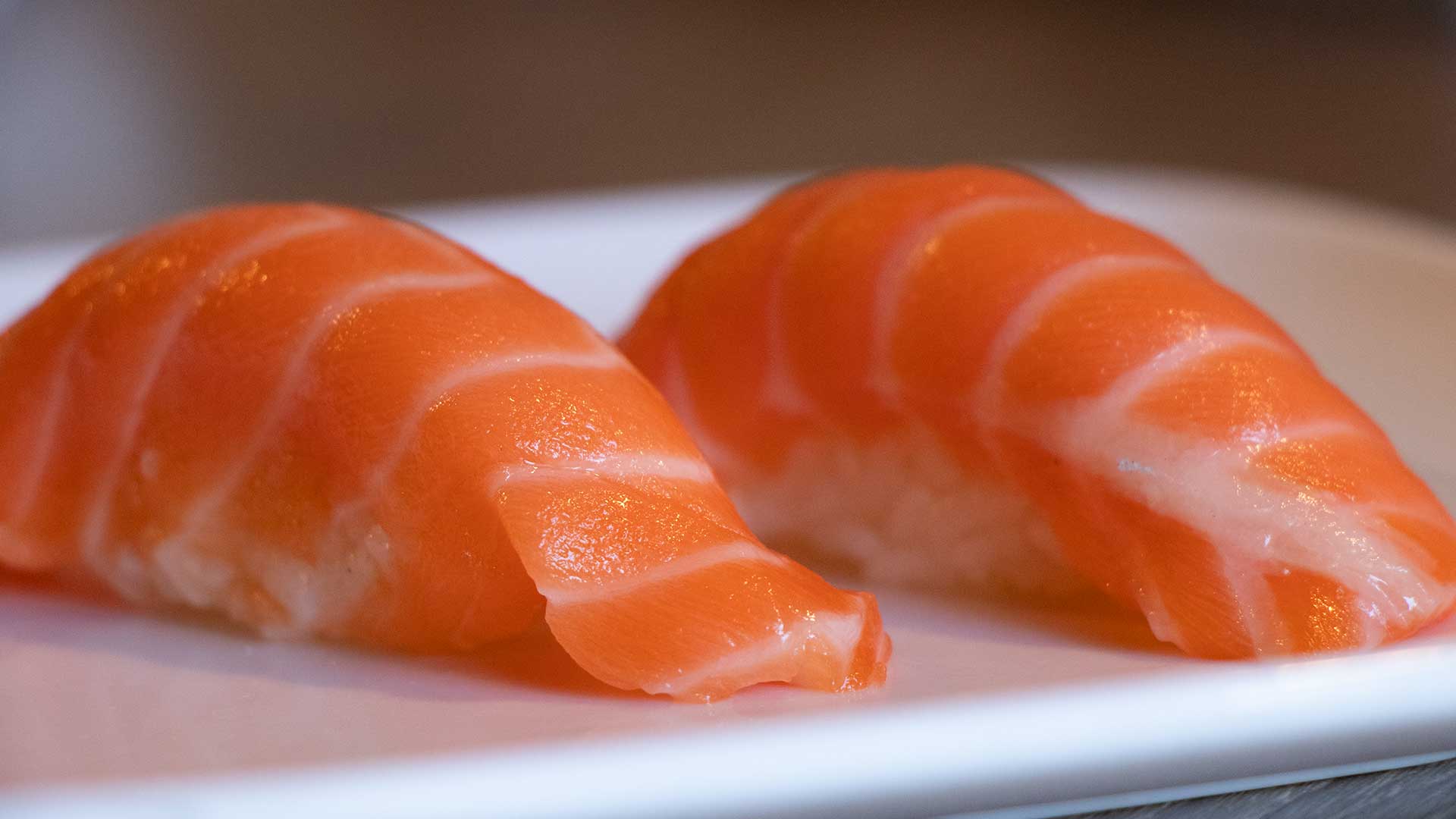 Closeup of two salmon nigiri